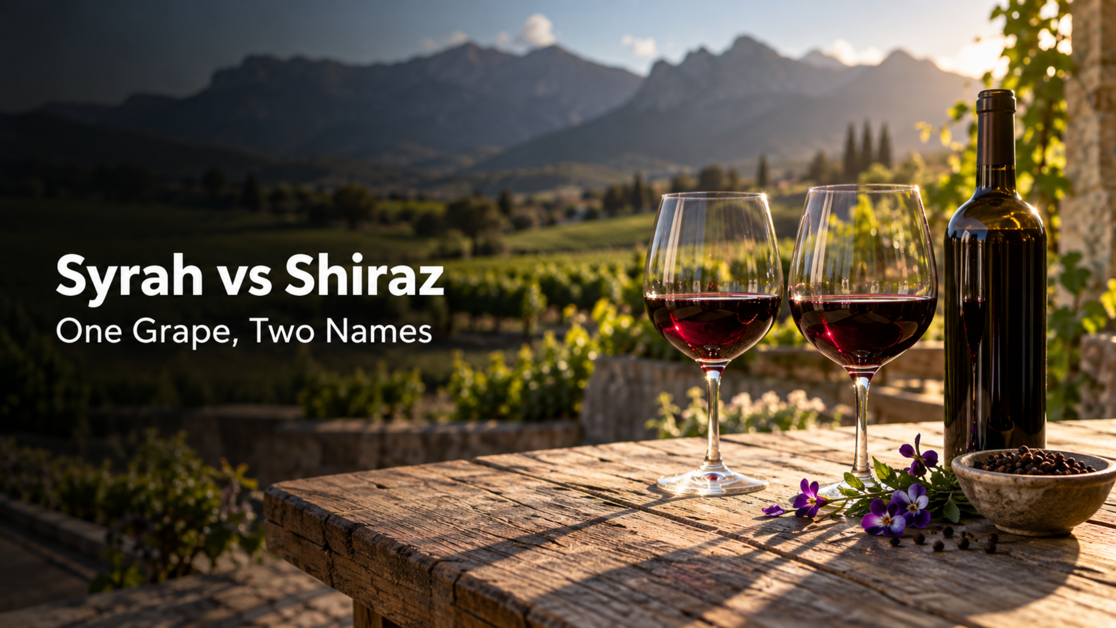 Two glasses of South African Syrah on a terrace table overlooking Franschhoek vineyards, with the title Syrah vs Shiraz