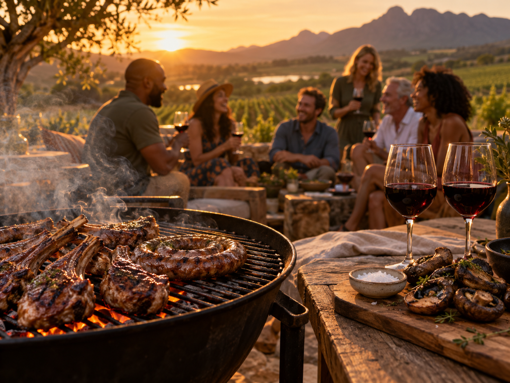 Glasses of Syrah beside lamb chops and boerewors on a South African spring braai at sunset