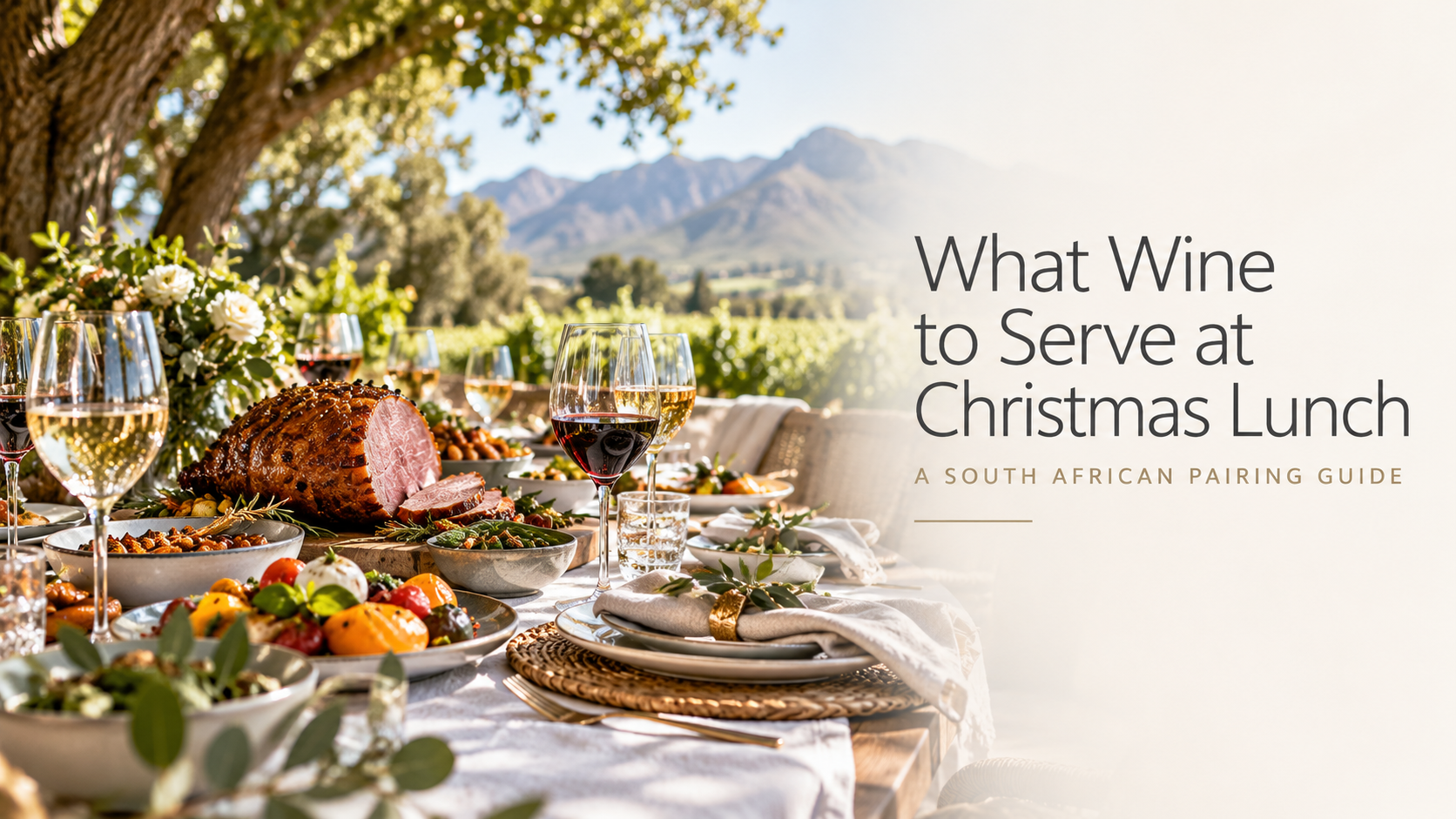 Outdoor Christmas lunch table on a wine farm, with the title What Wine to Serve at Christmas Lunch