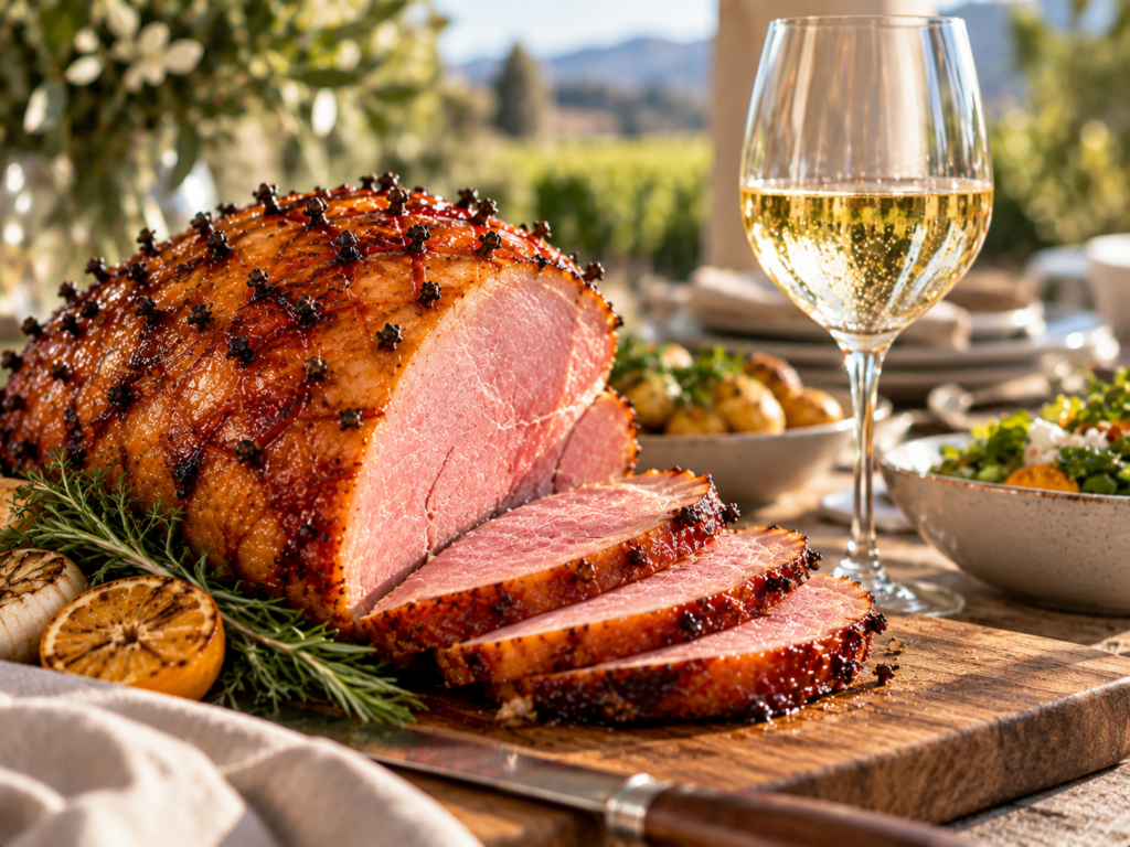 Glazed gammon on a carving board with a glass of Chardonnay